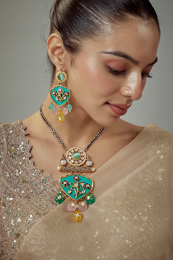 Gold Finish Kundan Polki Long Necklace Set by Vivinia By Vidhi Mehra at Pernia's Pop Up Shop