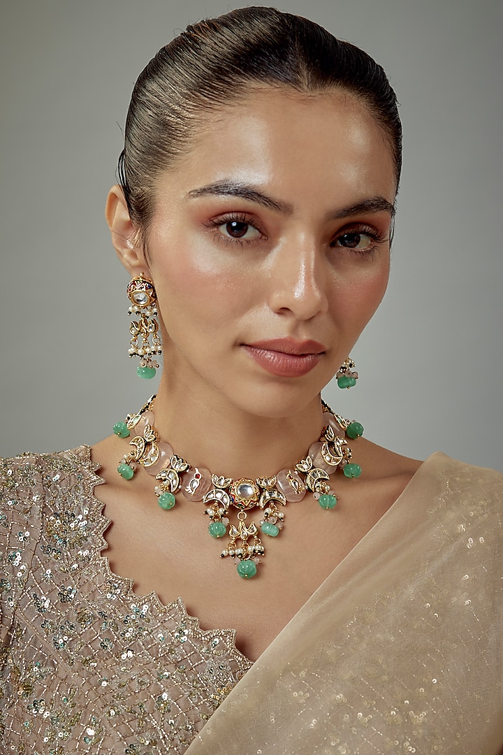 Gold Finish Kundan Polki & Multi-Colored Stone Beaded Choker Necklace Set by Vivinia By Vidhi Mehra at Pernia's Pop Up Shop