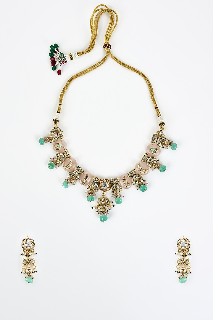 Gold Finish Kundan Polki & Multi-Colored Stone Beaded Choker Necklace Set by Vivinia By Vidhi Mehra at Pernia's Pop Up Shop