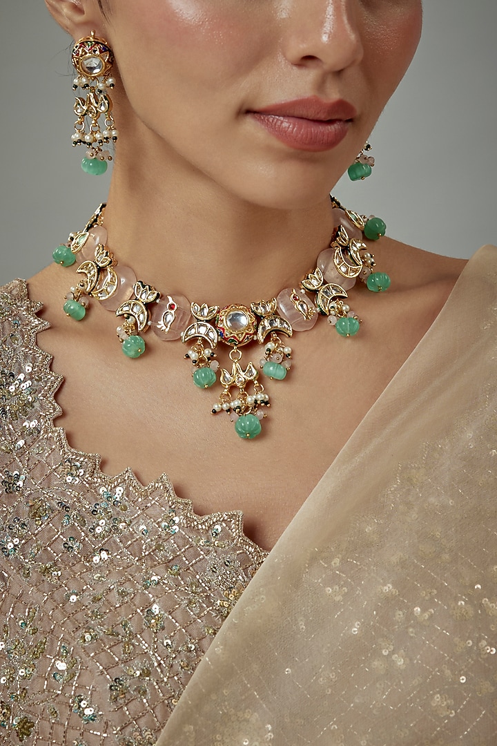 Gold Finish Kundan Polki & Multi-Colored Stone Beaded Choker Necklace Set by Vivinia By Vidhi Mehra at Pernia's Pop Up Shop