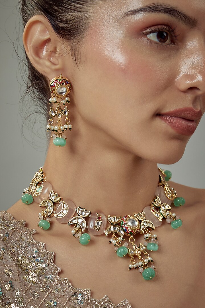 Gold Finish Kundan Polki & Multi-Colored Stone Beaded Choker Necklace Set by Vivinia By Vidhi Mehra at Pernia's Pop Up Shop