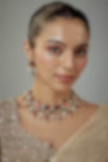 Gold Finish Kundan Polki & Red Stone Choker Necklace Set by Vivinia By Vidhi Mehra at Pernia's Pop Up Shop