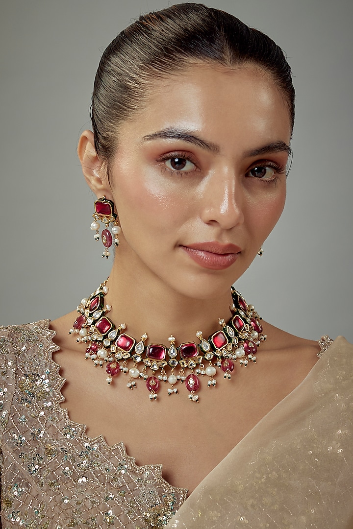 Gold Finish Kundan Polki & Red Stone Choker Necklace Set by Vivinia By Vidhi Mehra at Pernia's Pop Up Shop