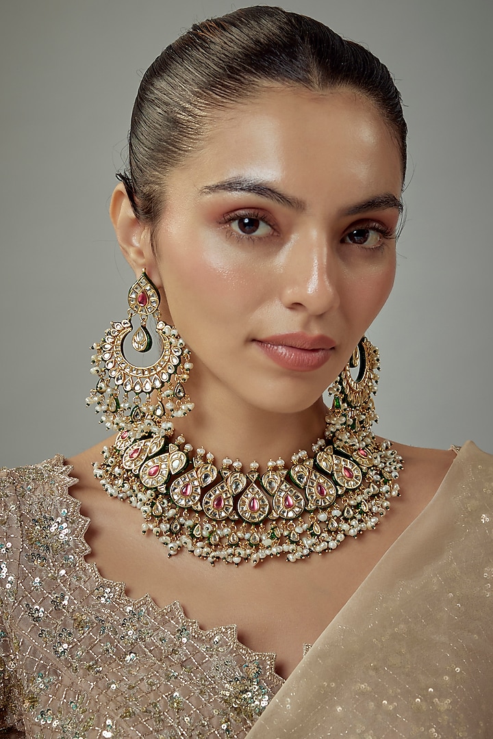 Gold Finish Kundan Polki & Red Stone Choker Necklace Set by Vivinia By Vidhi Mehra at Pernia's Pop Up Shop