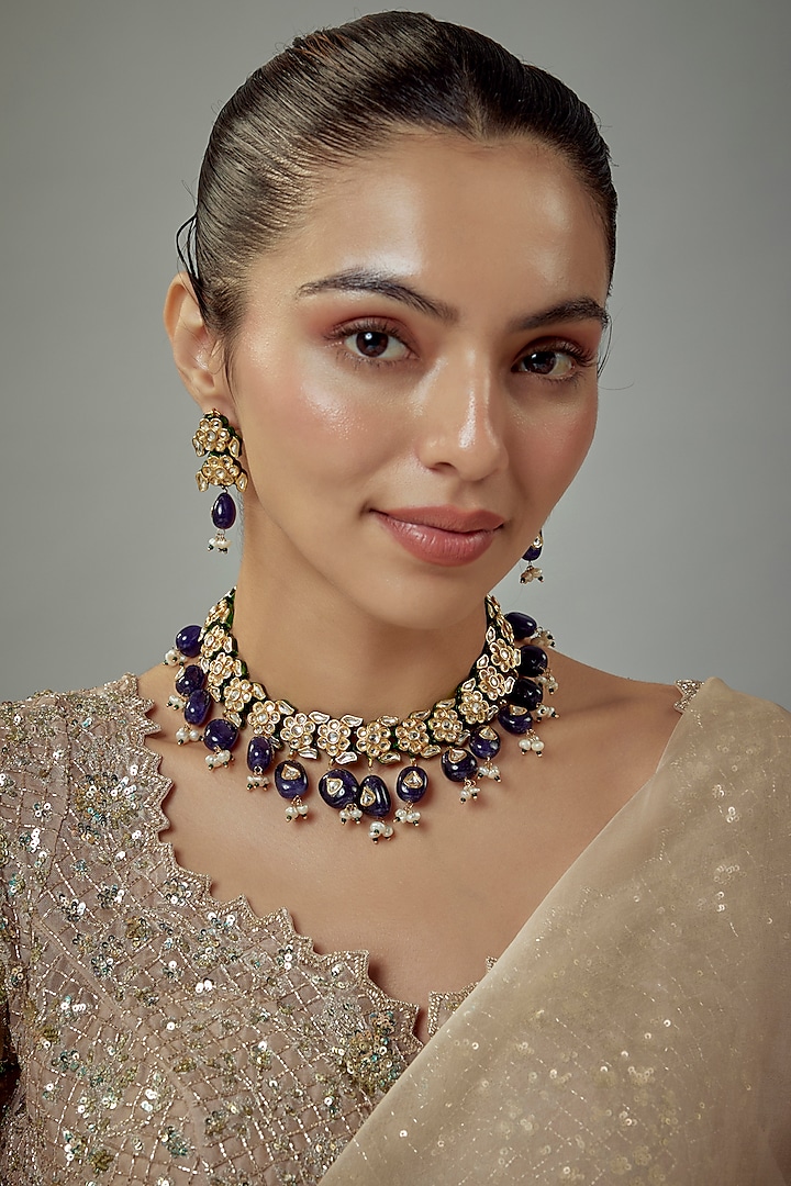 Gold Finish Kundan Polki Choker Necklace Set by Vivinia By Vidhi Mehra at Pernia's Pop Up Shop