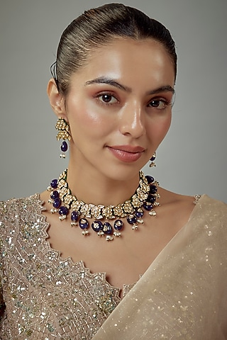 Gold Finish Kundan Polki Choker Necklace Set by Vivinia By Vidhi Mehra