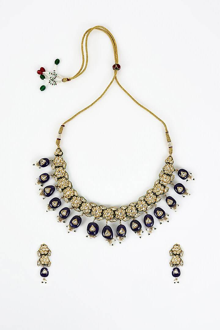 Gold Finish Kundan Polki Choker Necklace Set by Vivinia By Vidhi Mehra at Pernia's Pop Up Shop