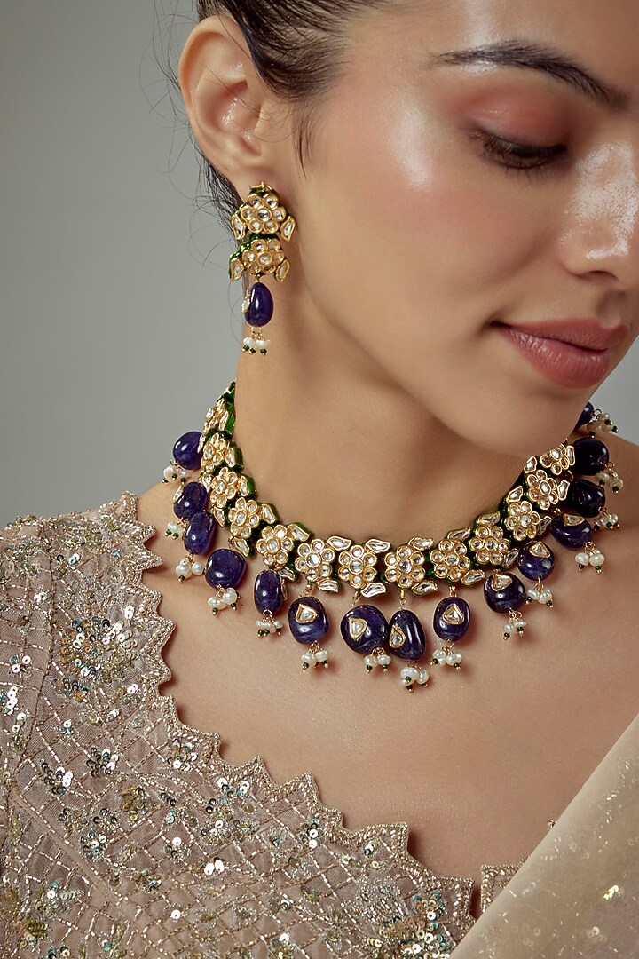 Gold Finish Kundan Polki Choker Necklace Set by Vivinia By Vidhi Mehra at Pernia's Pop Up Shop