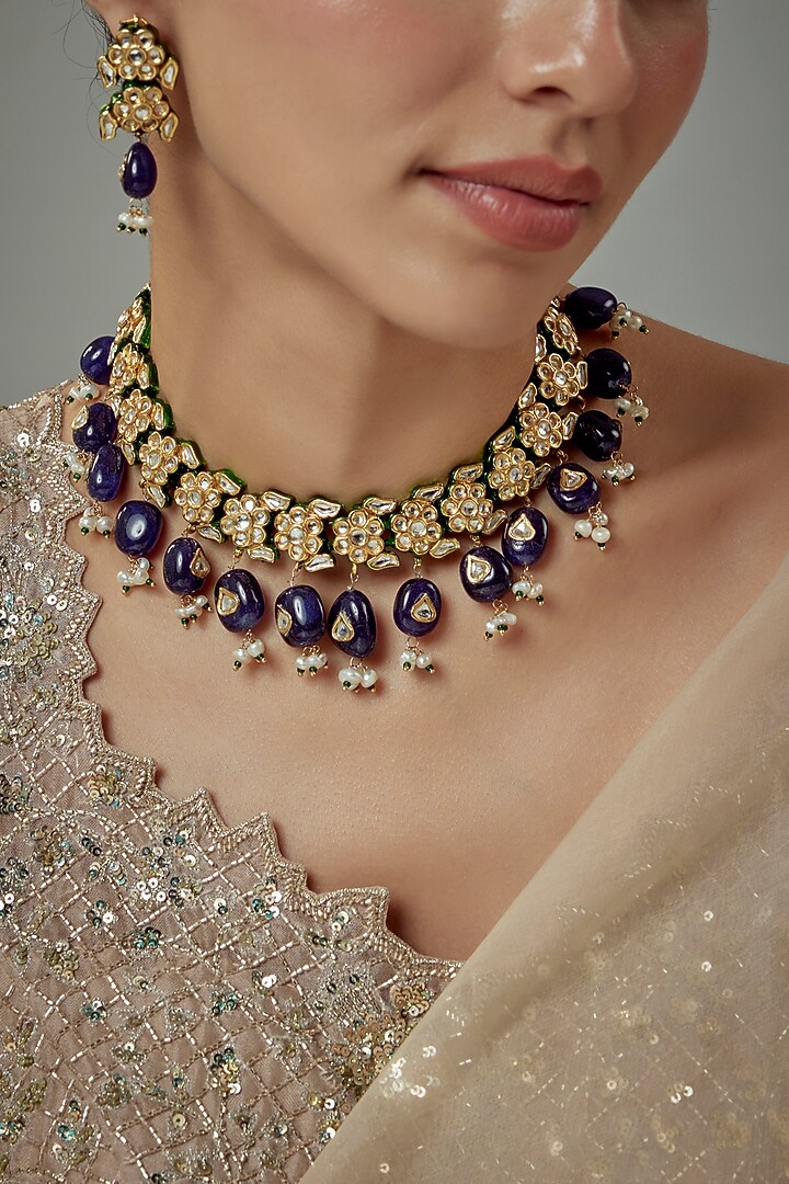 Gold Finish Kundan Polki Choker Necklace Set by Vivinia By Vidhi Mehra at Pernia's Pop Up Shop