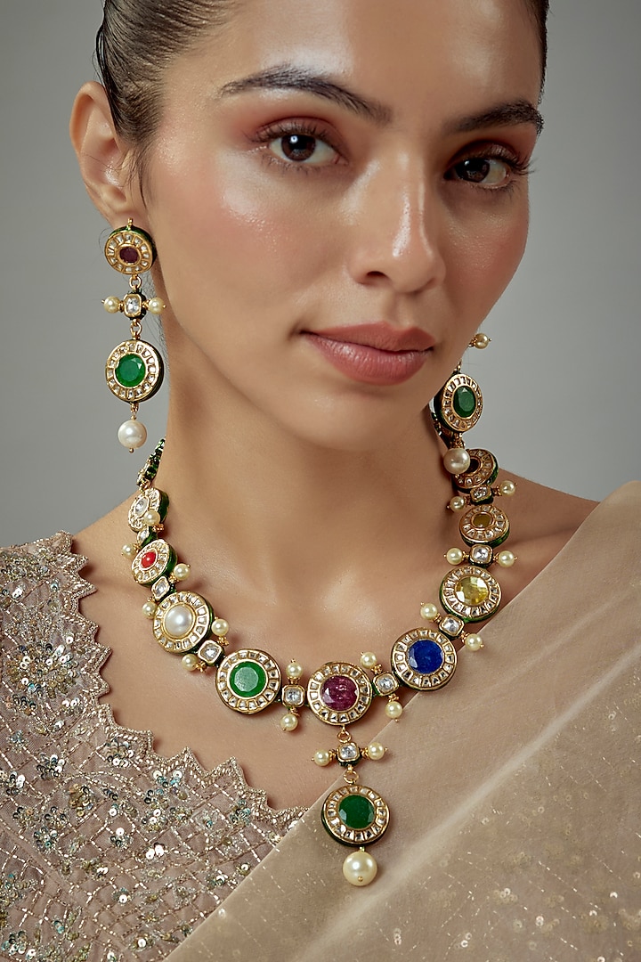 Gold Finish Kundan Polki & Multi-Colored Stone Beaded Choker Necklace Set by Vivinia By Vidhi Mehra at Pernia's Pop Up Shop