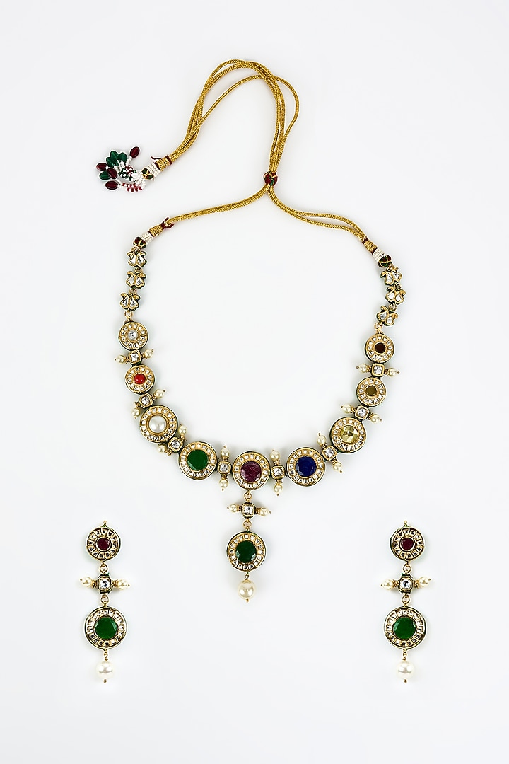 Gold Finish Kundan Polki & Multi-Colored Stone Beaded Choker Necklace Set by Vivinia By Vidhi Mehra at Pernia's Pop Up Shop