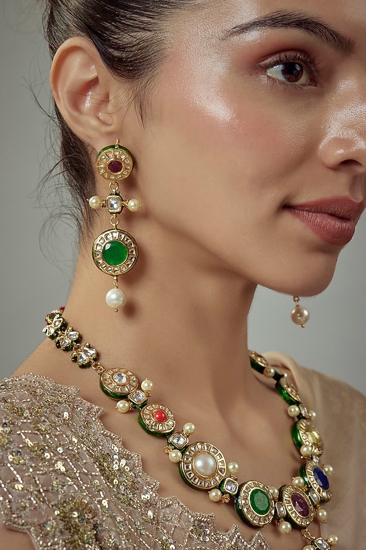 Gold Finish Kundan Polki & Multi-Colored Stone Beaded Choker Necklace Set by Vivinia By Vidhi Mehra at Pernia's Pop Up Shop
