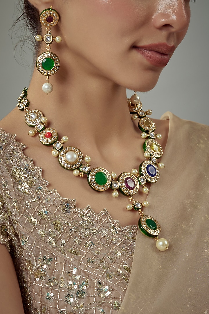 Gold Finish Kundan Polki & Multi-Colored Stone Beaded Choker Necklace Set by Vivinia By Vidhi Mehra at Pernia's Pop Up Shop