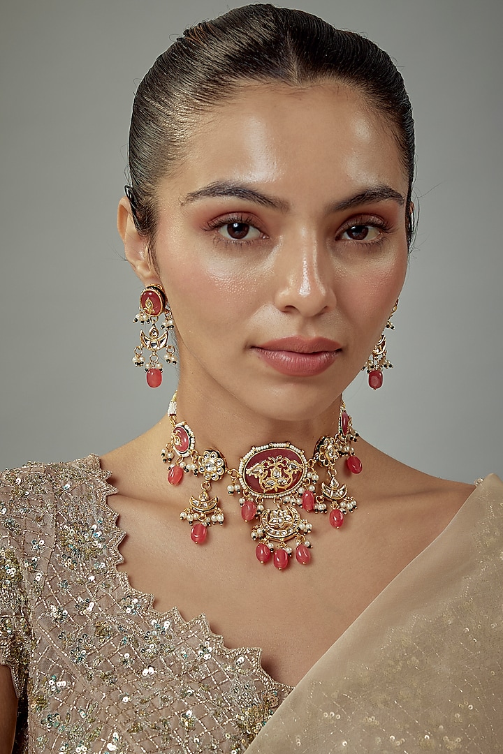 Gold Finish Kundan Polki & Red Stone Beaded Choker Necklace Set by Vivinia By Vidhi Mehra at Pernia's Pop Up Shop