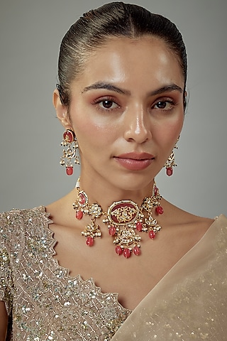 Gold Finish Kundan Polki & Red Stone Beaded Choker Necklace Set by Vivinia By Vidhi Mehra
