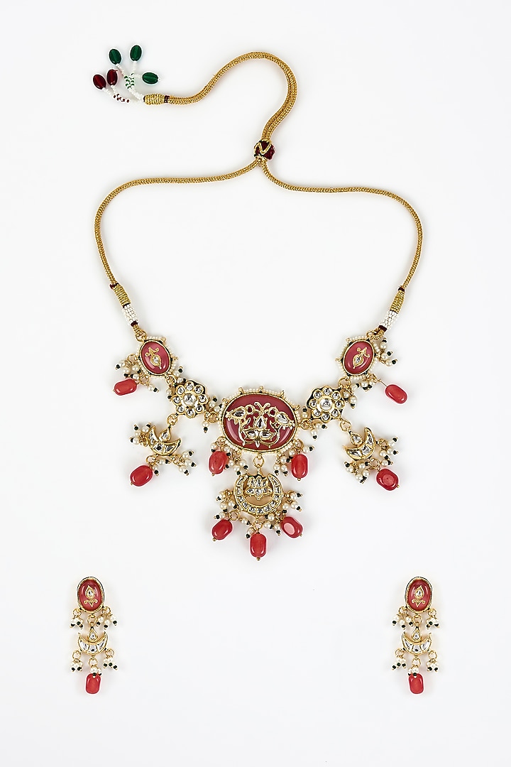 Gold Finish Kundan Polki & Red Stone Beaded Choker Necklace Set by Vivinia By Vidhi Mehra at Pernia's Pop Up Shop