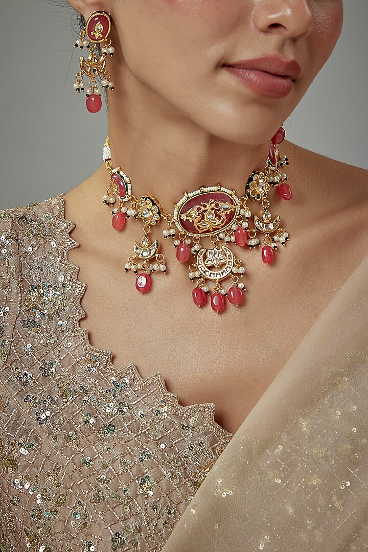 Gold Finish Kundan Polki & Red Stone Beaded Choker Necklace Set by Vivinia By Vidhi Mehra at Pernia's Pop Up Shop