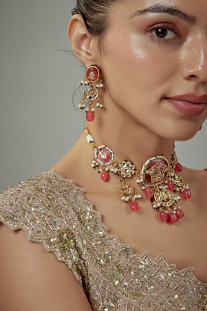 Gold Finish Kundan Polki & Red Stone Beaded Choker Necklace Set by Vivinia By Vidhi Mehra at Pernia's Pop Up Shop