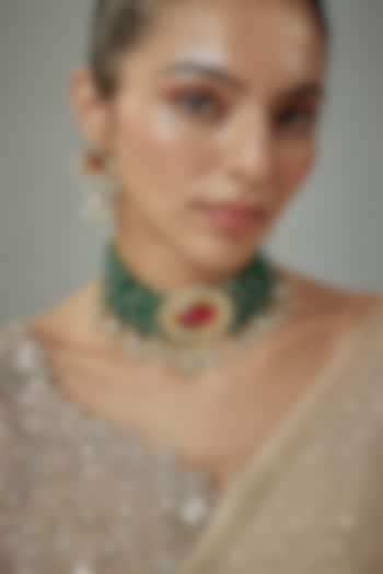 Gold Finish Kundan Polki & Red Stone Beaded Choker Necklace Set by Vivinia By Vidhi Mehra at Pernia's Pop Up Shop