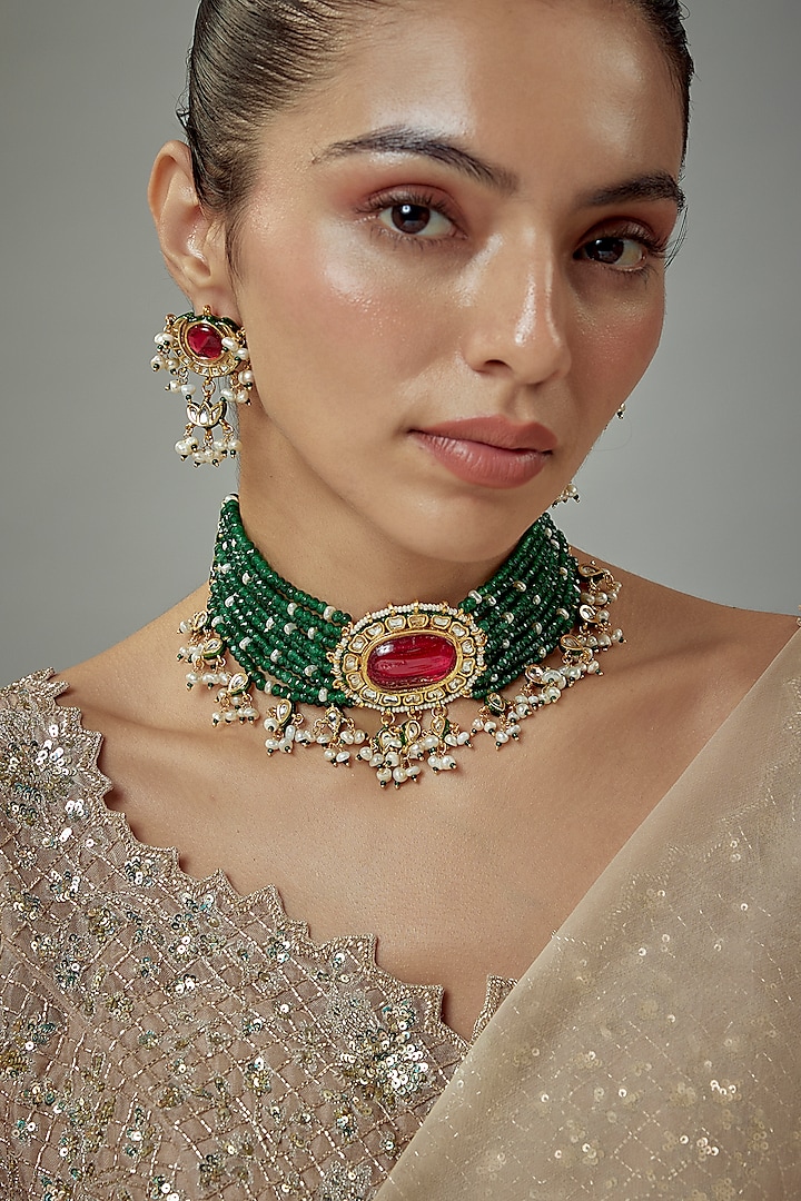 Gold Finish Kundan Polki & Red Stone Beaded Choker Necklace Set by Vivinia By Vidhi Mehra at Pernia's Pop Up Shop