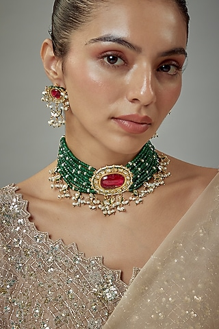 Gold Finish Kundan Polki & Red Stone Beaded Choker Necklace Set by Vivinia By Vidhi Mehra