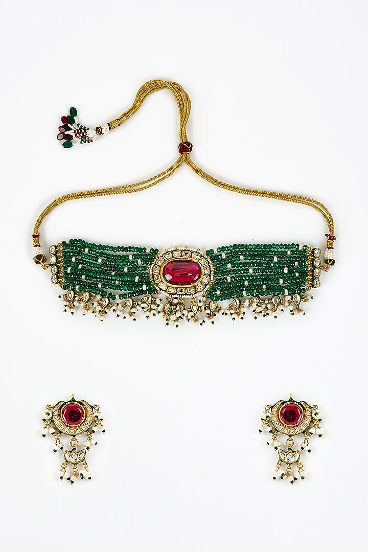 Gold Finish Kundan Polki & Red Stone Beaded Choker Necklace Set by Vivinia By Vidhi Mehra at Pernia's Pop Up Shop