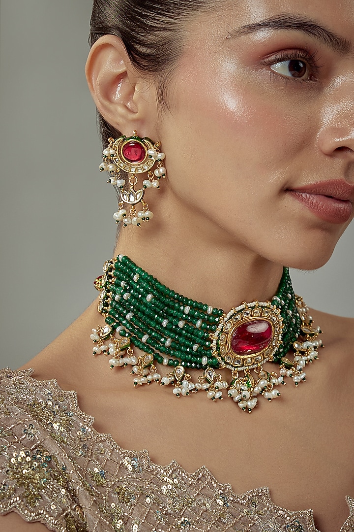 Gold Finish Kundan Polki & Red Stone Beaded Choker Necklace Set by Vivinia By Vidhi Mehra at Pernia's Pop Up Shop