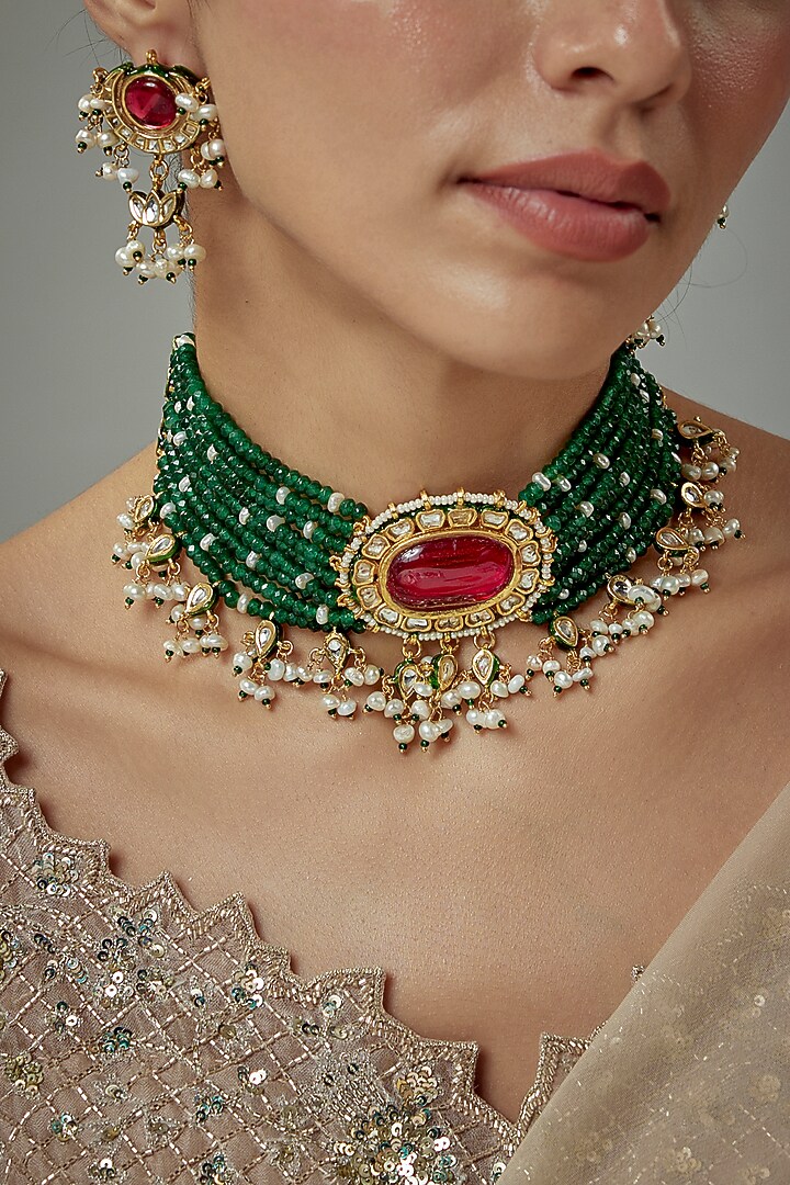 Gold Finish Kundan Polki & Red Stone Beaded Choker Necklace Set by Vivinia By Vidhi Mehra at Pernia's Pop Up Shop
