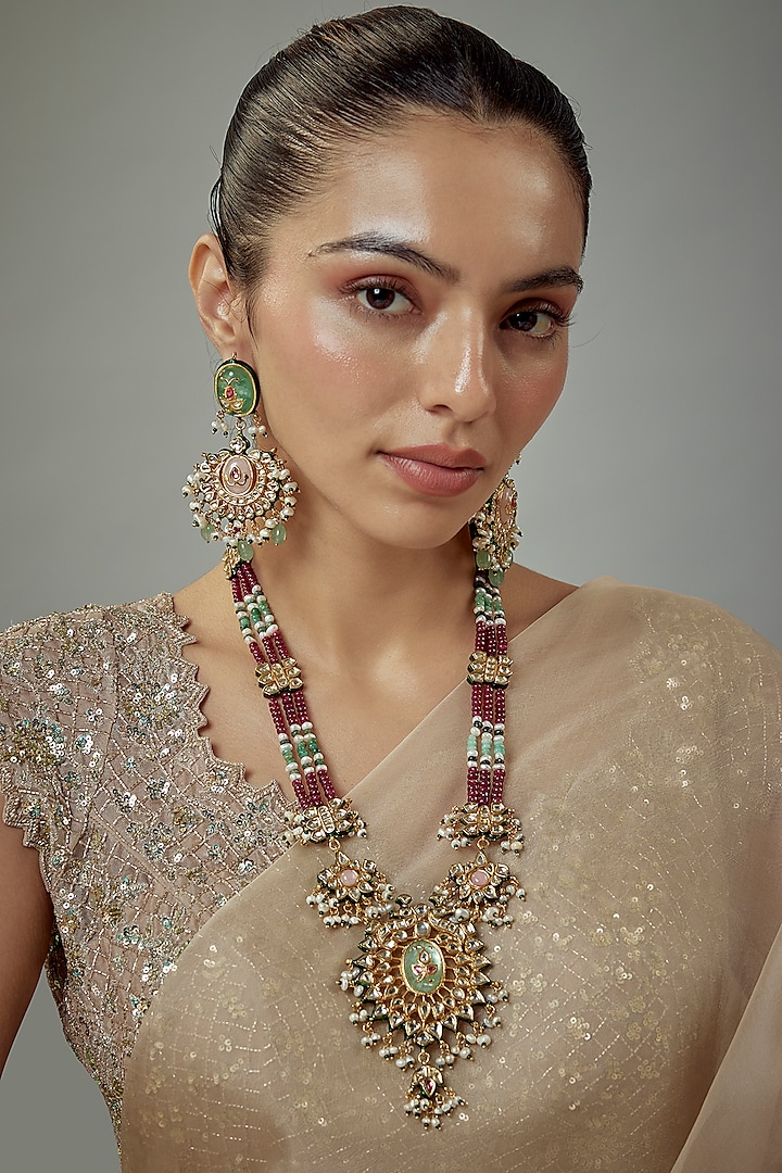 Gold Finish Kundan Polki & Multi-Colored Stone Beaded Necklace Set by Vivinia By Vidhi Mehra at Pernia's Pop Up Shop