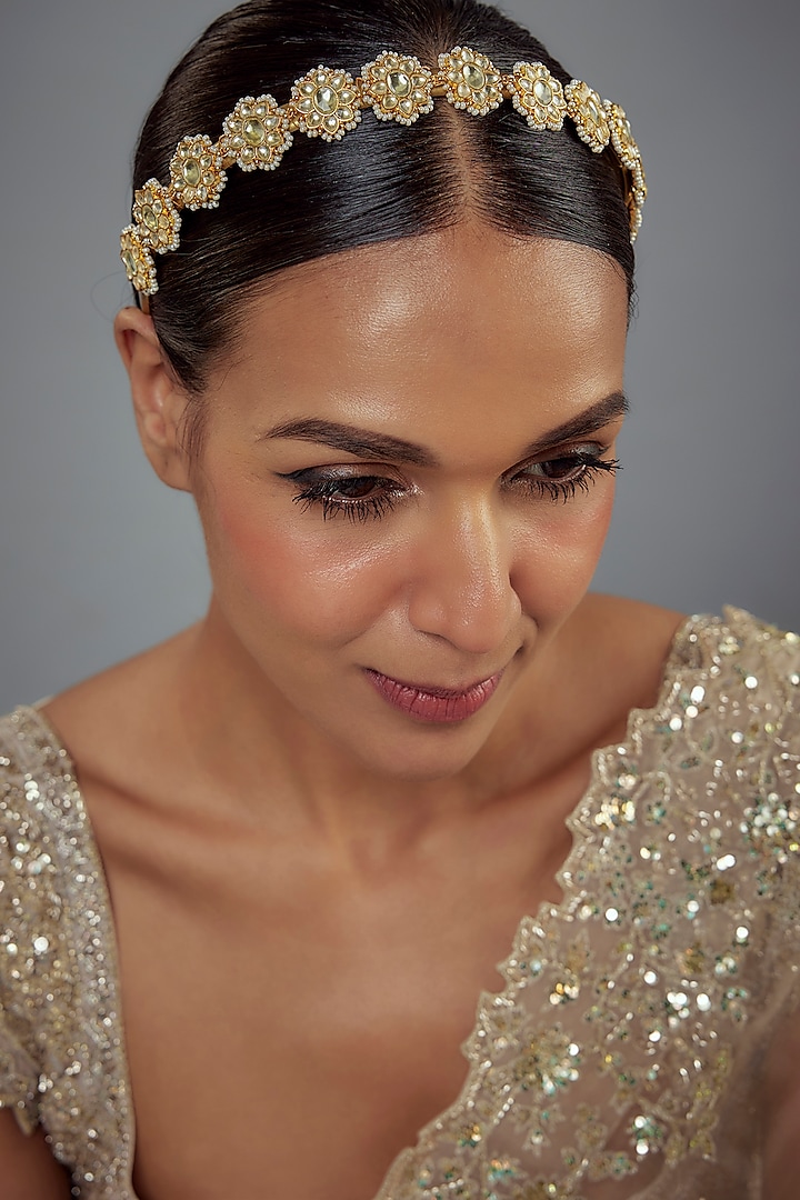 Gold Finish Kundan Polki Headband by Vivinia By Vidhi Mehra at Pernia's Pop Up Shop