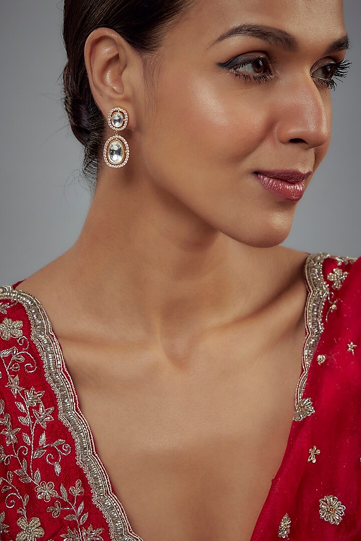 Gold Finish Kundan Polki & Pearl Dangler Earrings by Vivinia By Vidhi Mehra at Pernia's Pop Up Shop