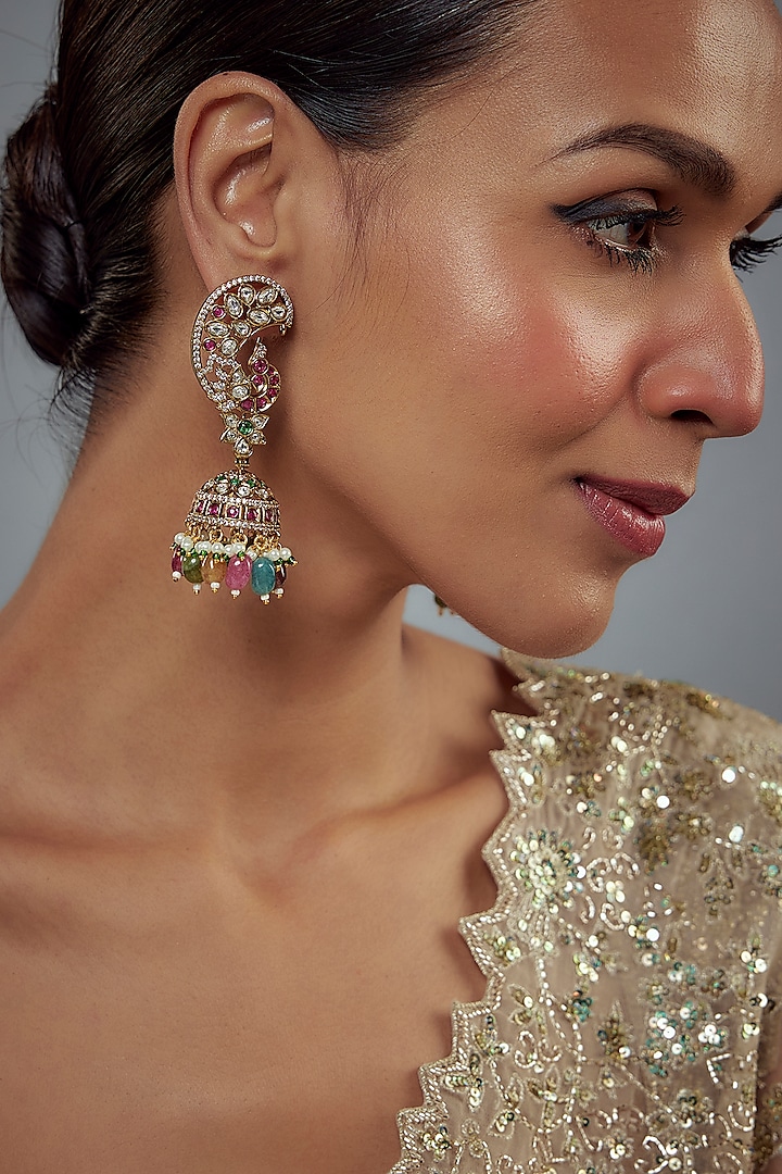 Gold Finish Kundan Polki & Pearl Jhumka Earrings by Vivinia By Vidhi Mehra at Pernia's Pop Up Shop