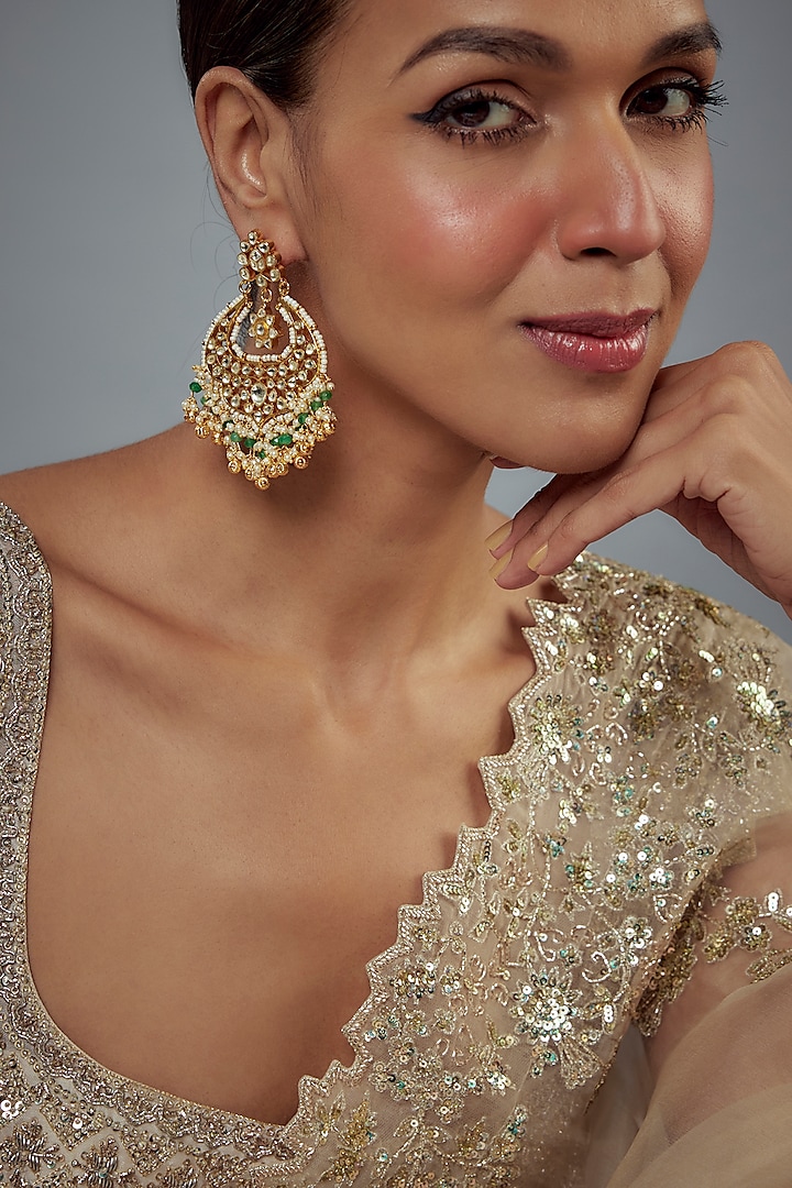 Gold Finish Kundan Polki Chandbali Earrings by Vivinia By Vidhi Mehra at Pernia's Pop Up Shop