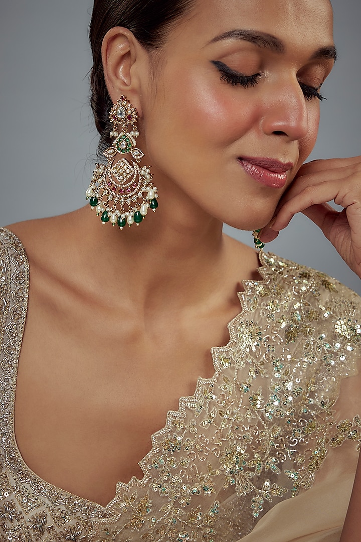 Gold Finish Kundan Polki & Pearl Dangler Earrings by Vivinia By Vidhi Mehra at Pernia's Pop Up Shop