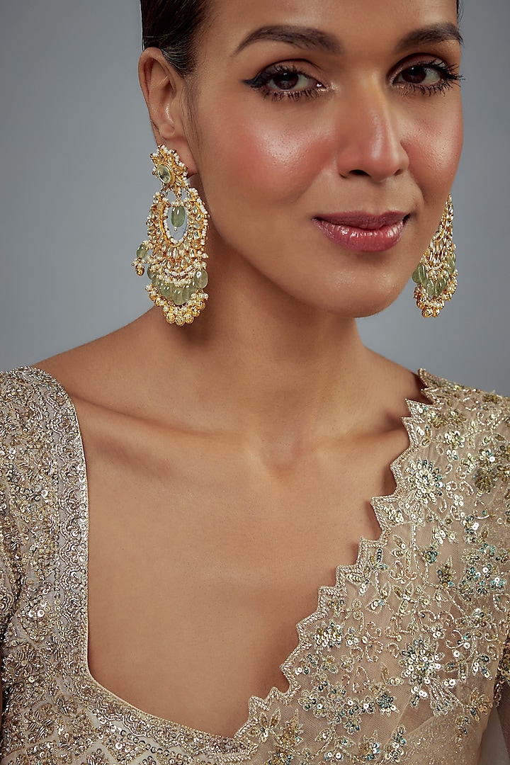 Gold Finish Kundan Polki & Pearl Dangler Earrings by Vivinia By Vidhi Mehra at Pernia's Pop Up Shop