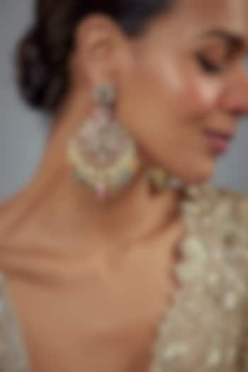 Gold Finish Kundan Polki & Pearl Dangler Earrings by Vivinia By Vidhi Mehra at Pernia's Pop Up Shop