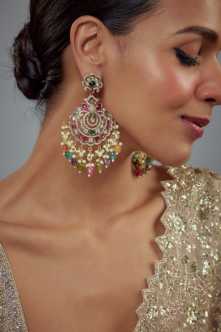 Gold Finish Kundan Polki & Pearl Dangler Earrings by Vivinia By Vidhi Mehra at Pernia's Pop Up Shop