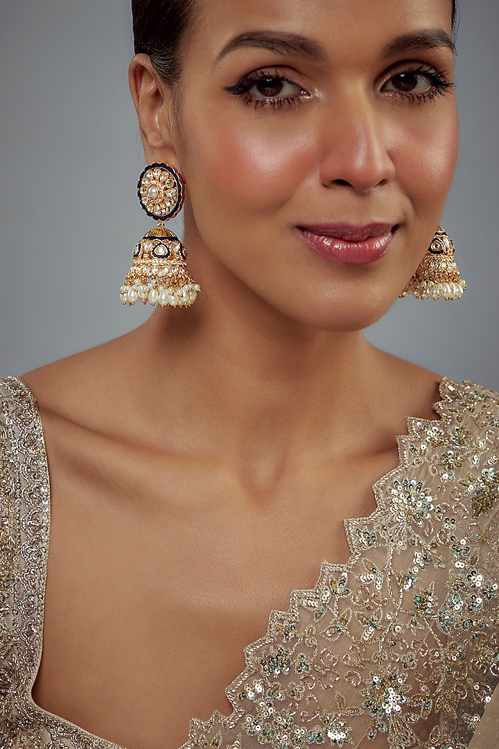 Gold Finish Kundan Polki & Pearl Jhumka Earrings by Vivinia By Vidhi Mehra at Pernia's Pop Up Shop