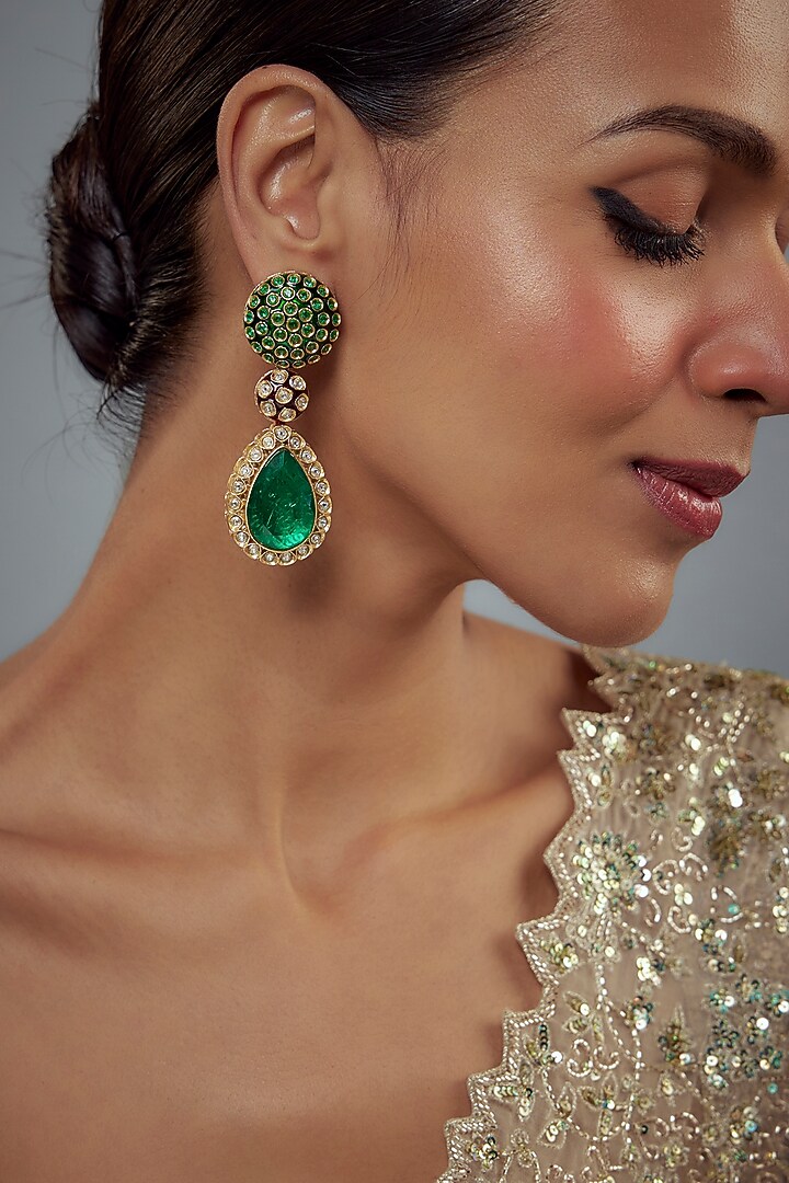 Gold Finish Kundan Polki & Pearl Dangler Earrings by Vivinia By Vidhi Mehra at Pernia's Pop Up Shop
