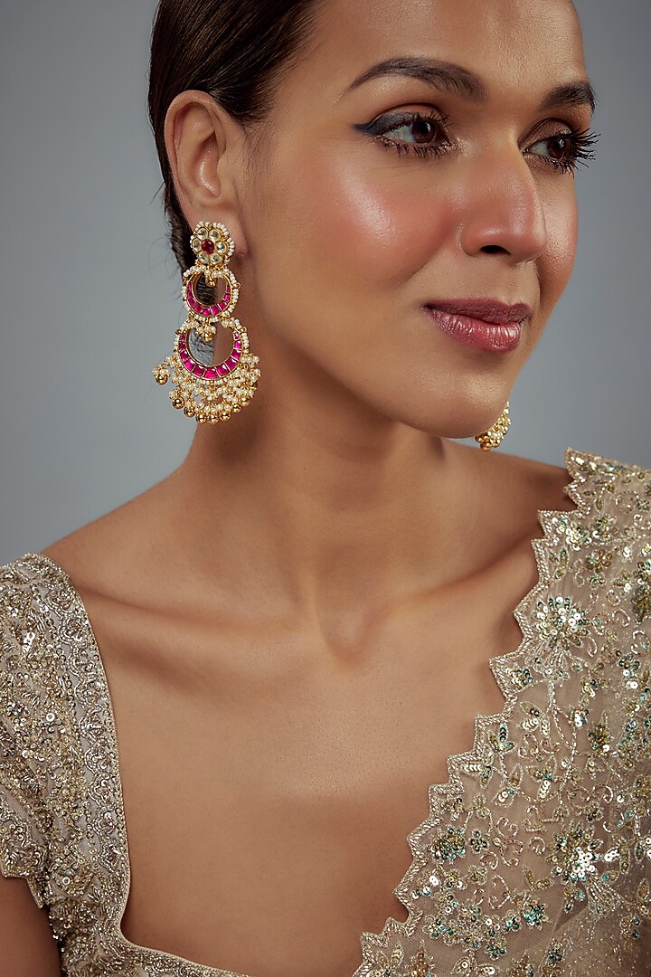 Gold Finish Kundan Polki & Pearl Dangler Earrings by Vivinia By Vidhi Mehra at Pernia's Pop Up Shop