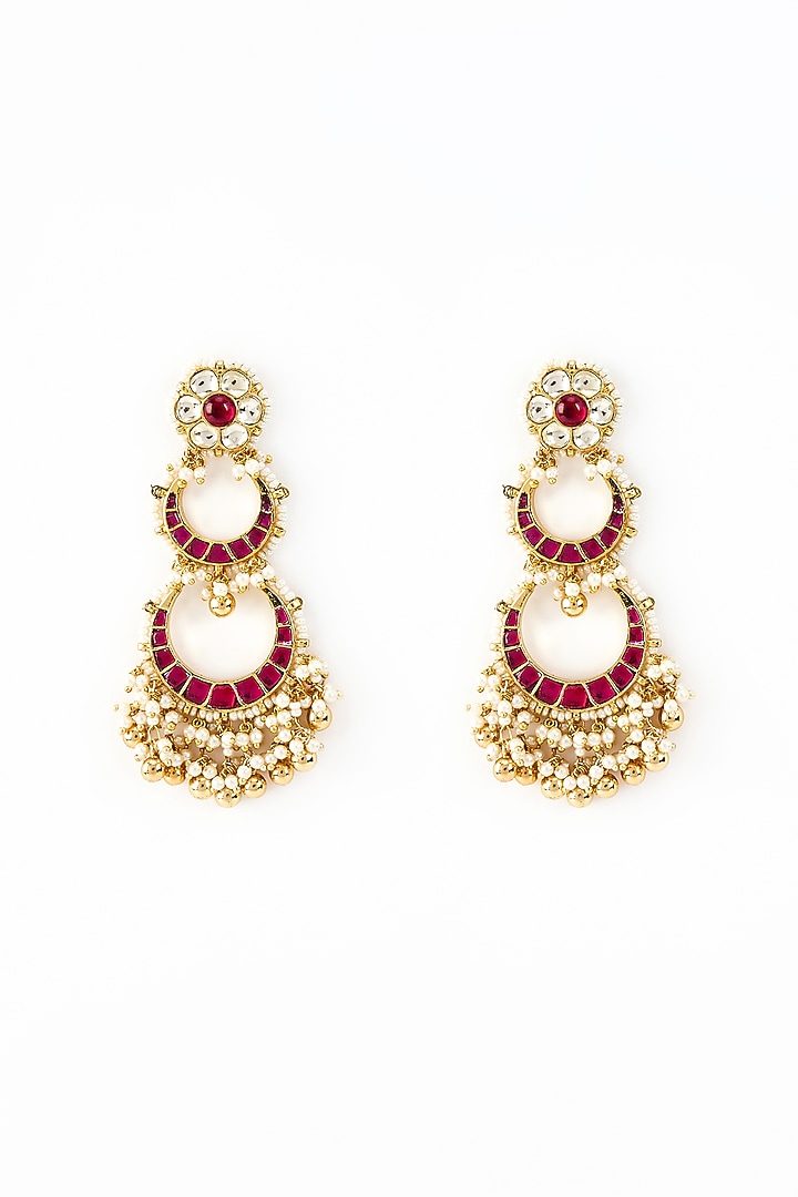 Gold Finish Kundan Polki & Pearl Dangler Earrings by Vivinia By Vidhi Mehra at Pernia's Pop Up Shop