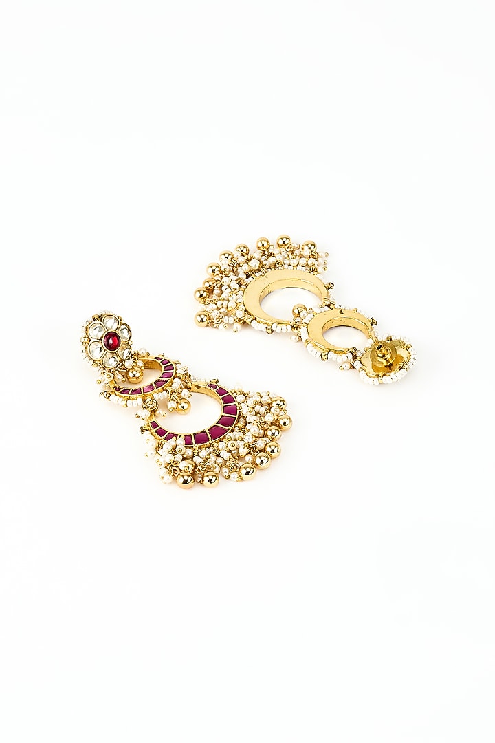 Gold Finish Kundan Polki & Pearl Dangler Earrings by Vivinia By Vidhi Mehra at Pernia's Pop Up Shop