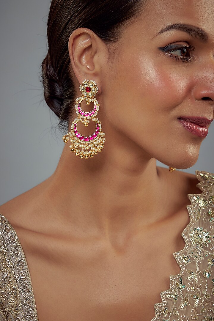 Gold Finish Kundan Polki & Pearl Dangler Earrings by Vivinia By Vidhi Mehra at Pernia's Pop Up Shop