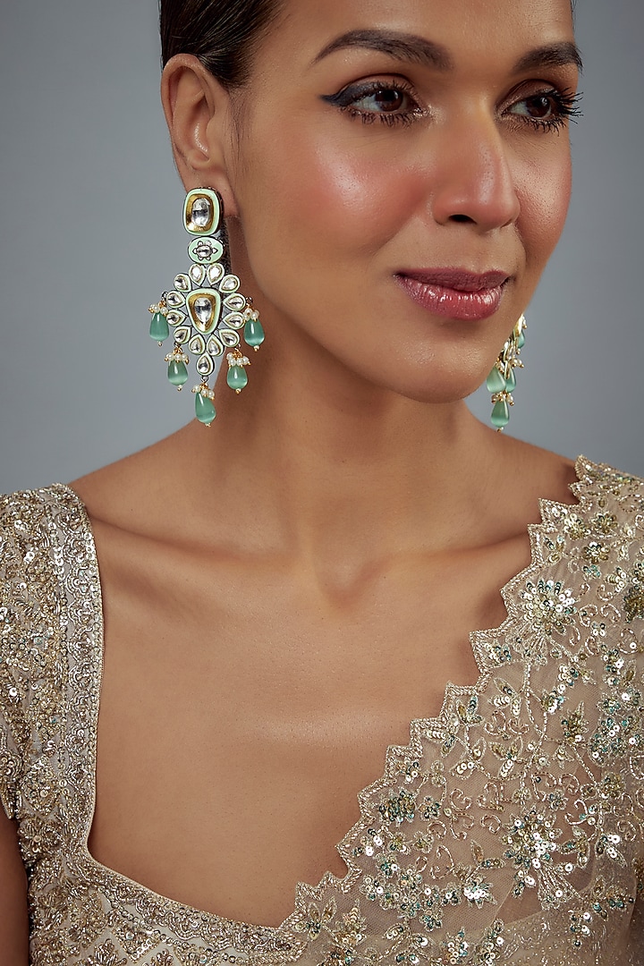 Gold Finish Kundan Polki & Pearl Dangler Earrings by Vivinia By Vidhi Mehra at Pernia's Pop Up Shop