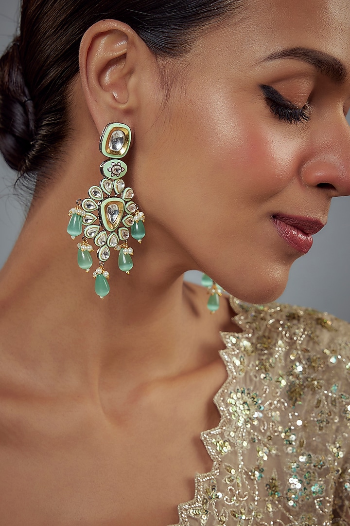 Gold Finish Kundan Polki & Pearl Dangler Earrings by Vivinia By Vidhi Mehra at Pernia's Pop Up Shop