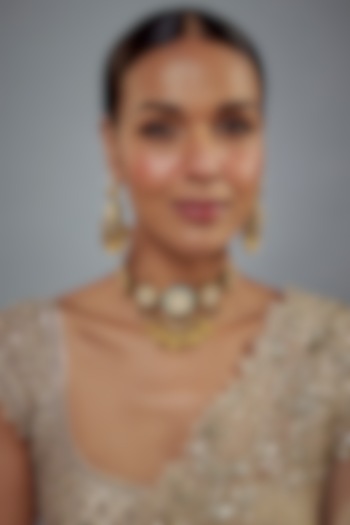 Gold Finish Kundan Polki Choker Necklace Set by Vivinia By Vidhi Mehra at Pernia's Pop Up Shop