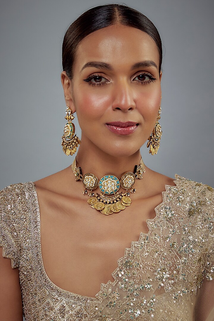 Gold Finish Kundan Polki Choker Necklace Set by Vivinia By Vidhi Mehra at Pernia's Pop Up Shop