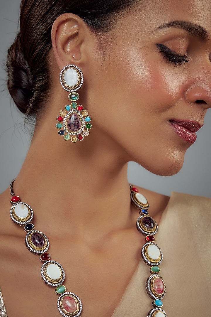 Gold Finish Zircon & Ruby Stone Long Necklace Set by Vivinia By Vidhi Mehra at Pernia's Pop Up Shop