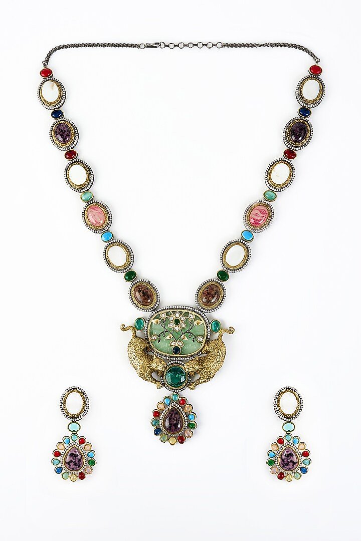 Gold Finish Zircon & Ruby Stone Long Necklace Set by Vivinia By Vidhi Mehra at Pernia's Pop Up Shop