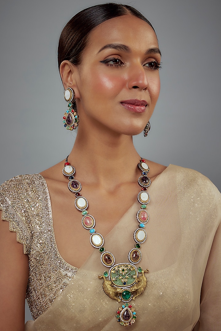 Gold Finish Zircon & Ruby Stone Long Necklace Set by Vivinia By Vidhi Mehra at Pernia's Pop Up Shop